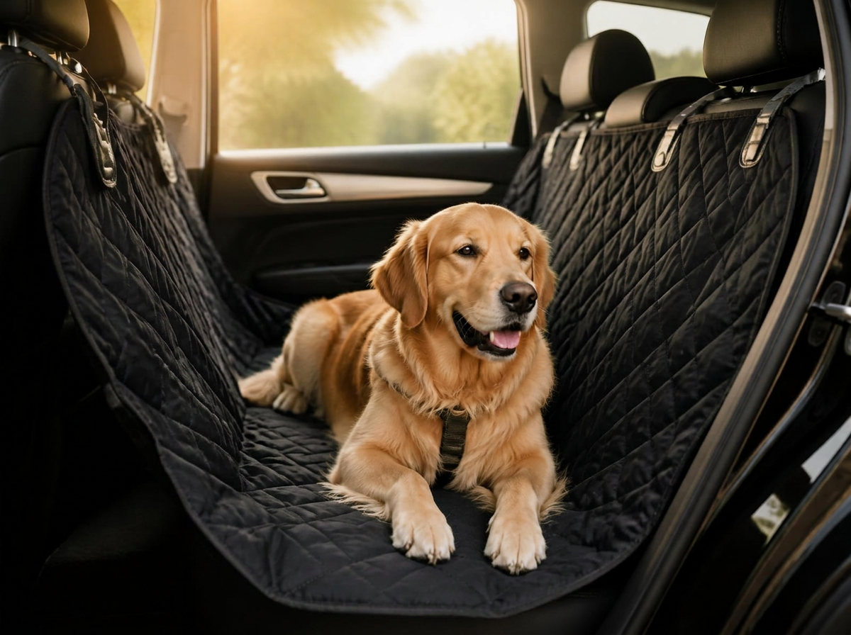 Dog relaxing on a Daily Companions black quilted car hammock in the back seat